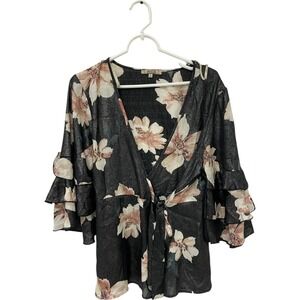 Gimmicks By BKE Ruffled Wrap Blouse Top Womens Black L Metallic Bell Sleeve Boho
